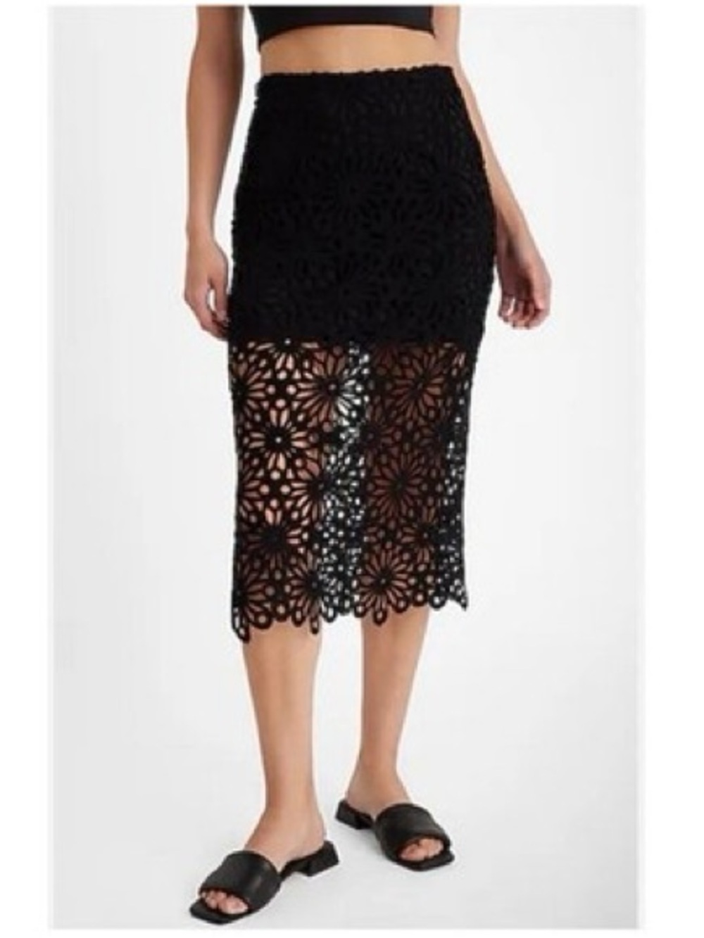 Express Black Crochet Floral Midi Skirt SIZE 8 NWT